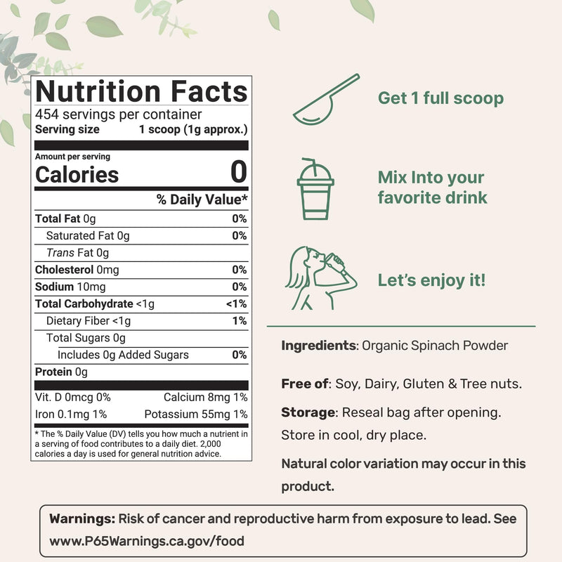 Sustainably US Grown, Organic Spinach Powder, 1 Pound, Freeze Dried from Whole Leaf, Rich in Beneficial Thylakoids and Chlorophyll, Contains Multivitamins, Non-GMO, Vegan Friendly