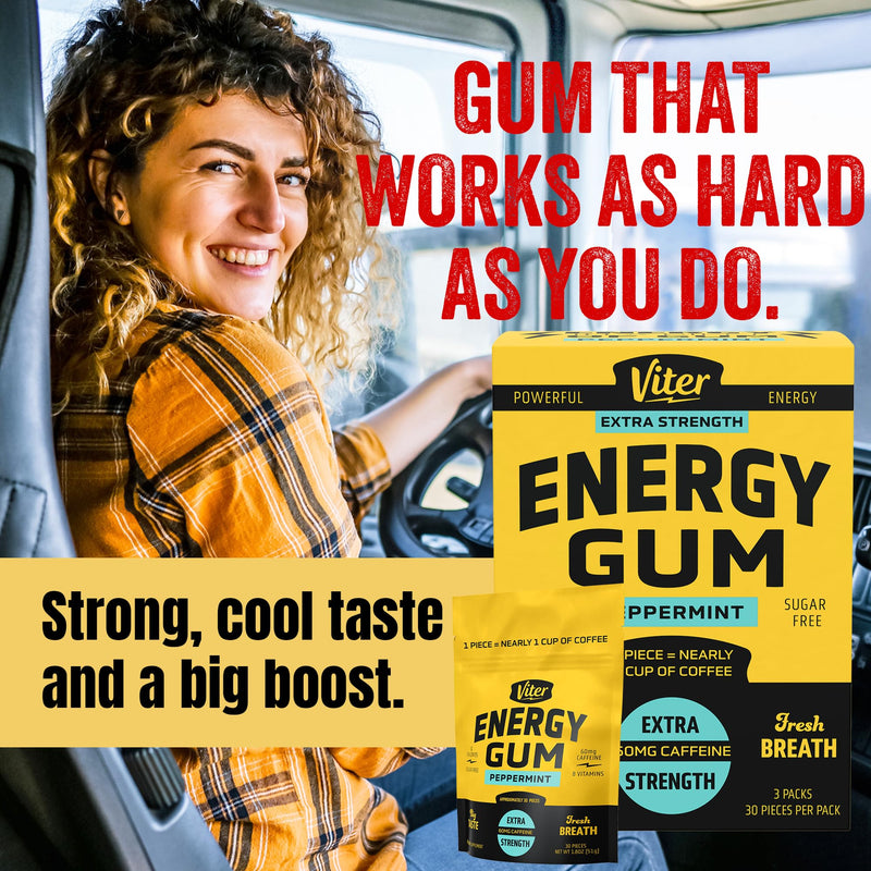 Viter Energy 60mg Caffeine Gum (Peppermint Flavor, 30 Pieces, 3 Pack) - Sugar Free, Vitamin B3, B6, B9, B12, Zero Calories, Caffeinated Energy Chews, Nootropic Focus Supplement for Men & Women Peppermint 30 Count (Pack of 3)