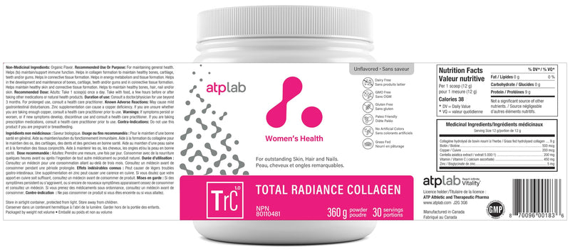ATP LAB Total Radiance Collagen Powder, Unflavoured, 360g - Premium Hydrolyzed Collagen Peptides for Women - Vegan-Friendly Collagen Protein Powder, Support for Skin, Hair & Nails Unflavored 12.7 Ounce (Pack of 1)