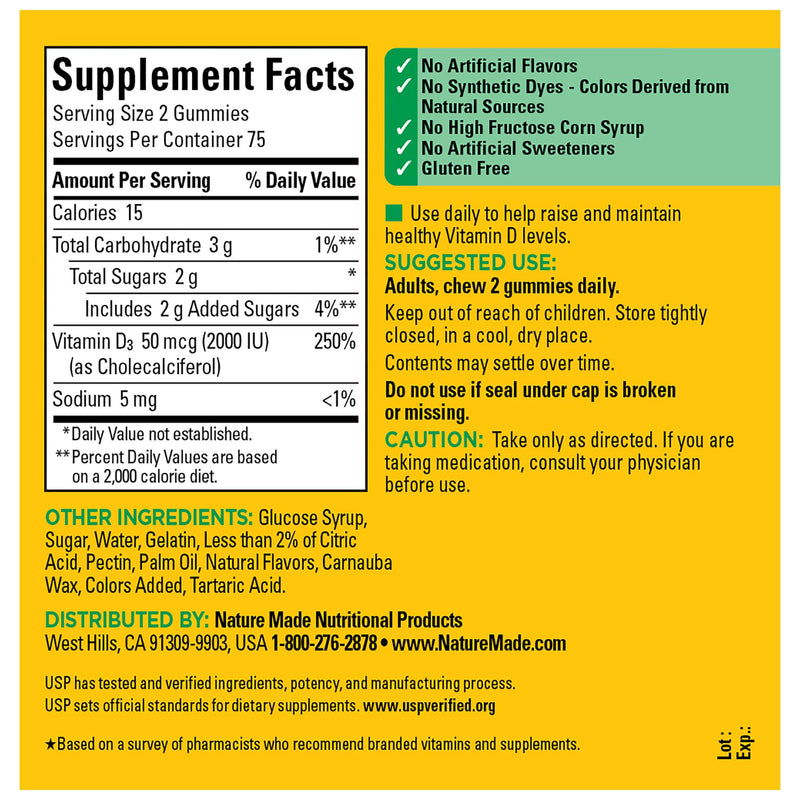 Nature Made Vitamin D3 2000 IU Per Serving Gummies,Bone,Teeth,Muscle and Immune Health Support,75 Day Supply,150 Vitamin D Gummies for Adults,(Pack of 2) Strawberry, Peach, Mango 150 Count (Pack of 2)