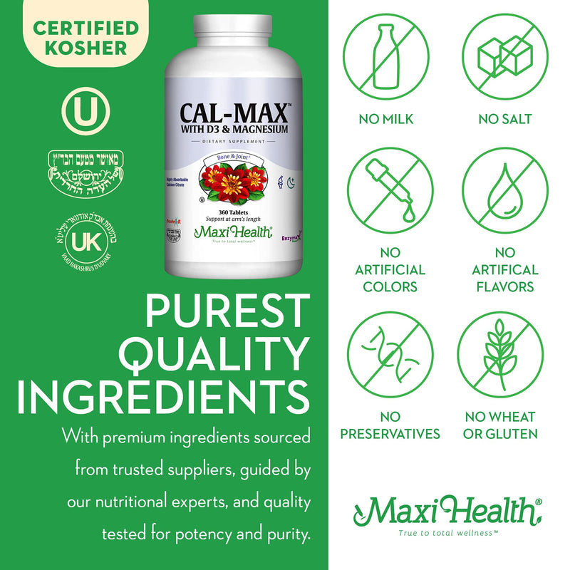 Maxi Health Calcium Magnesium Supplement with Vitamin D3 and Boron - Kosher Bone Health & Nighttime Formula, Calcium Citrate CalMag & Vitamin D (180 Tablets) (360 Count (Pack of 1)) | Kosher | Calcium Magnesium with Vitamin D3 | Calcium Absorption, Bon...