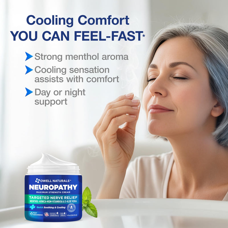 Owell Naturals Neuropathy Cream Extra Strength – Fast Absorbing for Legs, Feet & Hands – Advanced Soothing Formula with Aloe Vera, Arnica, MSM & Vitamin B6 – Made in USA, 4 fl oz 4 Fl Oz (Pack of 1)