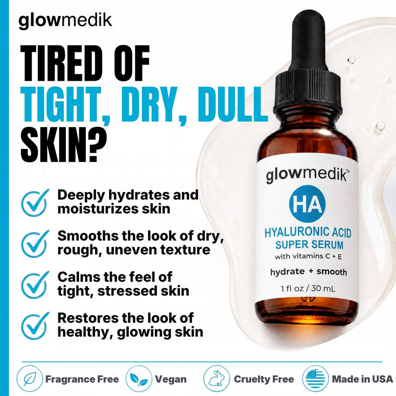 Glowmedik Hyaluronic Acid Serum for Face with Vitamin C & E - Advanced Hydrating Face Serum for Dry Skin, Fine Lines & Wrinkles - Vegan Facial Moisturizer for Women 1 fl oz 30ml