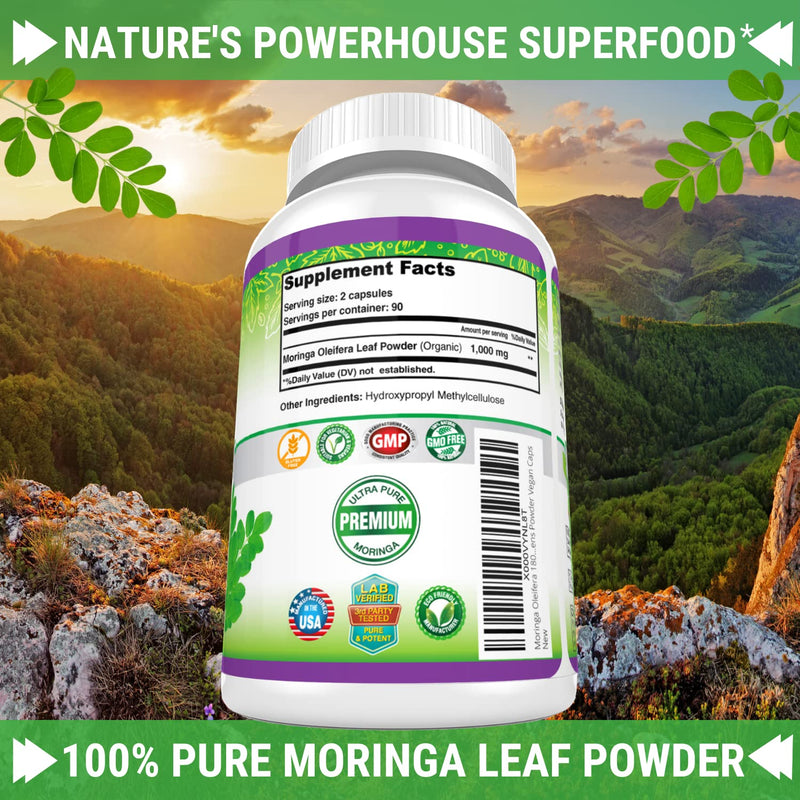 [Australia] - FRESH HEALTHCARE Moringa Oleifera 180 Capsules – 100% Pure Leaf Powder - 3 Month Supply - Non GMO and Gluten Free - Complete Green Superfood Supplement - Energy, Metabolism and Immune Support 