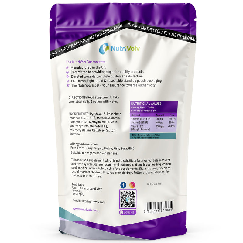P5P Complex | 60 Vegan Tablets | with Active B6 (Pyridoxal-5-Phosphate), Methylfolate (5-MTHF) & B12 (Methylcobalamin) | High Absorption Formula for Energy, Mood & Hormone Support | by NutriVolv
