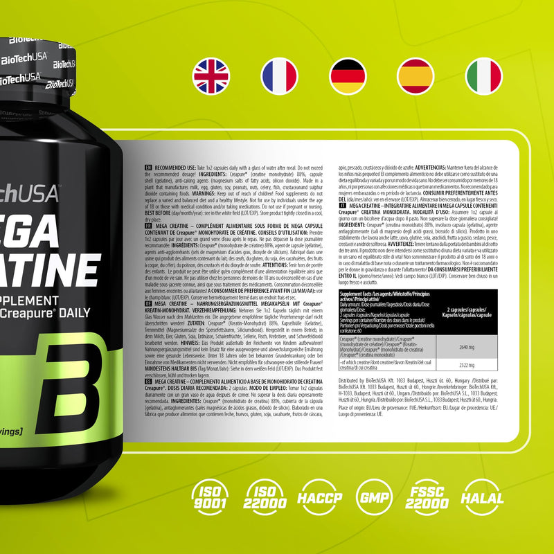 BioTechUSA Mega Creatine | Creapure® Creatine Monohydrate | High-Absorption Capsules | Lactose & Gluten-Free | 60-Day Supply | Ideal for Athletes & Active Adults | 120 mega Capsules