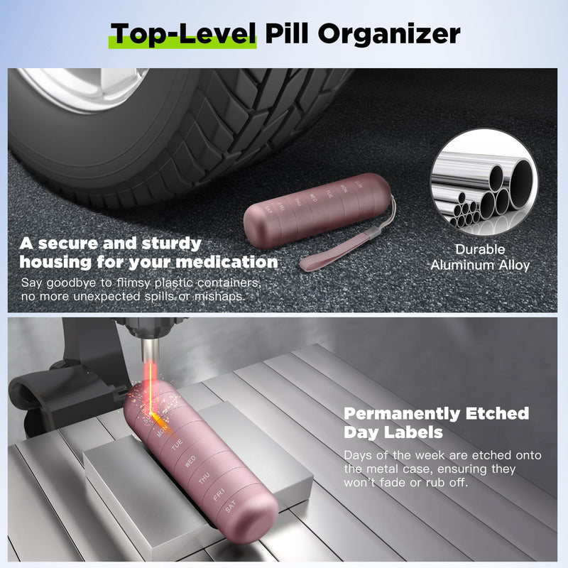 Zannaki Metal Moisture Proof Weekly Pill Organizer, Stackable Aluminum Alloy BPA Free Travel Hiking 7 Day Pill Box Case Waterproof and Large Compartment to Hold Pills, Vitamins, Fish Oil, Supplements Pink