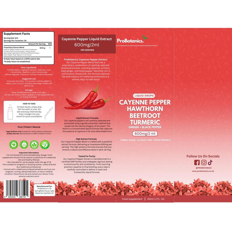 Cayenne Pepper Drops Liquid Extract Supplement | Hawthorn Berry, Turmeric Curcumin, Beet Root, Ginger, Black Pepper for Circulation, Energy and Digestive Health | Alcohol-Free - 60ml