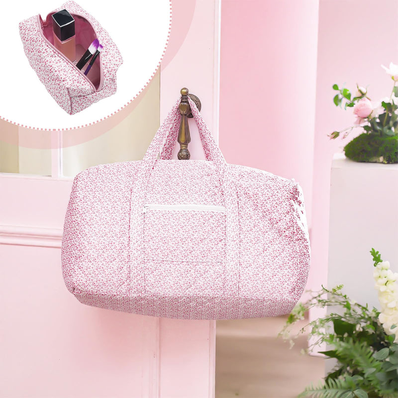 2 Pack Floral Travel Duffel Bag Large Quilted Travel Duffle Bag and Floral Makeup Pouch Portable Gym Lightweight Weekender Organizer with Zipper Pockets Grocery Pouch for Women(Pink) Pink