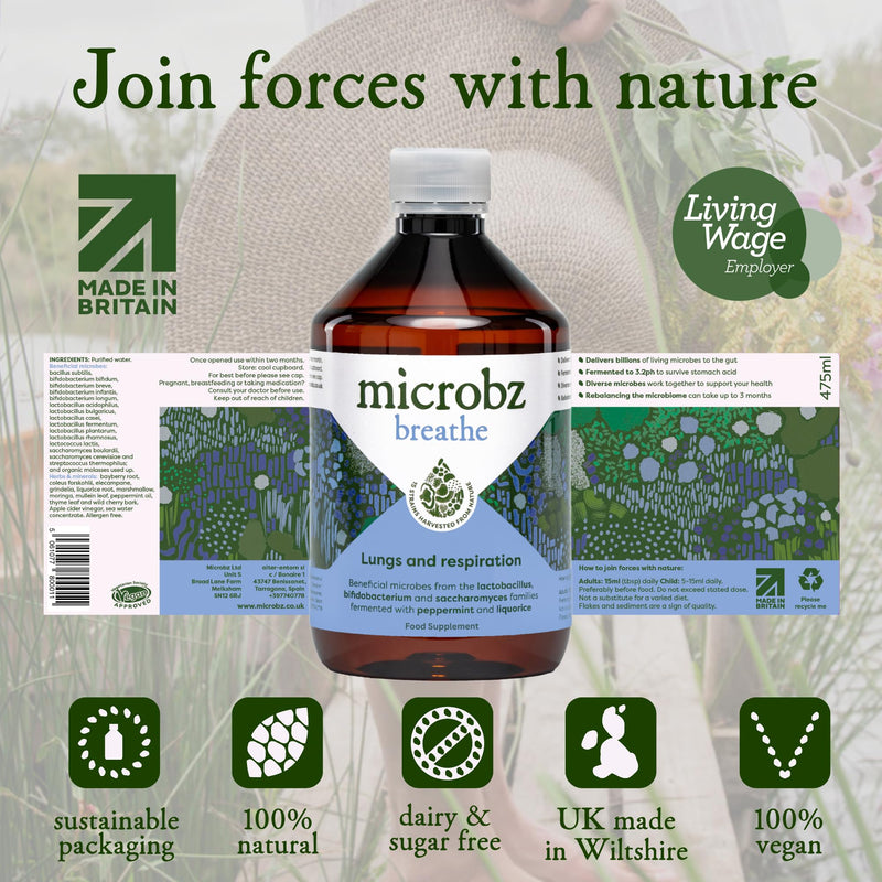MICROBZ Breathe Liquid Probiotics for Gut Health – Award-Winning Probiotic Supplement with 15 Strains & Fermented Herbs for Respiratory Health – Gluten Free & Vegan Probiotic Drink – 31 Servings 7. Breathe
