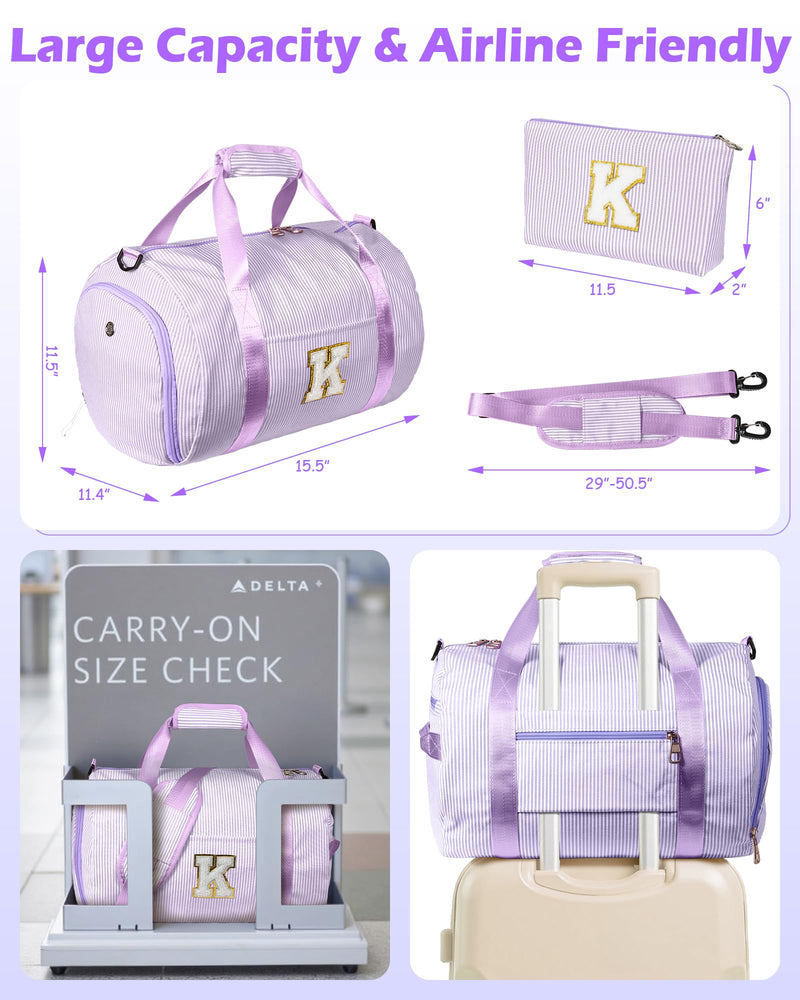 Birthday Gifts for 9 Years Old Girl, Girls Travel Duffle Bag, Gift | Teen Girl Gifts, Dance Bag for Girls, Kids Overnight Bags with Shoe Compartment & Makeup Pouch, Initial Gym Bag (Letter A) Purple