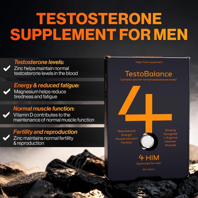4 HIM TestoBalance - Testosterone Supplements for Men - with Zinc + Magnesium + B6 Complex, L-Arginine, Ginseng & Fenugreek - Energy & Muscle Function - 60 Vegan Tablets