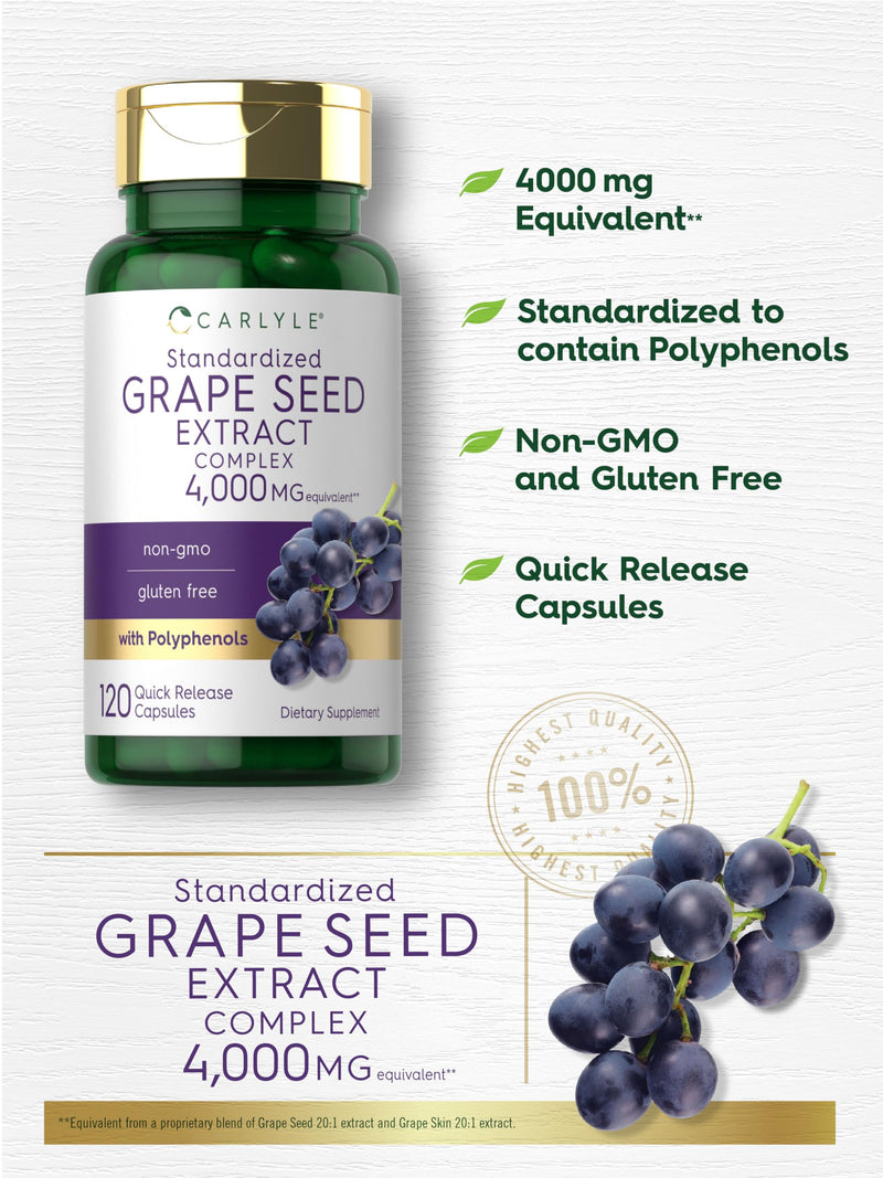 [Australia] - Carlyle Grape Seed Extract 4,000mg | 120 Quick Release Capsules | Standardized Extract Complex with Polyphenols | Non-GMO, Gluten Free Supplement 