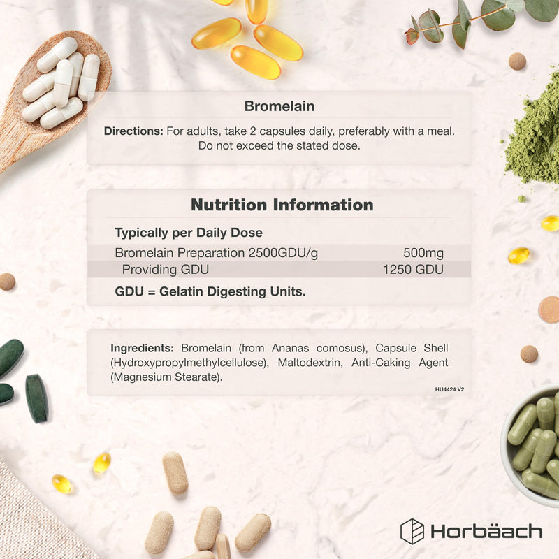 Bromelain Capsules 2500GDU/g | High Strength Digestive Enzyme Supplement from Pineapple Extract (Ananas Comosus) | 500mg | 120 Vegan Capsules | by Horbaach