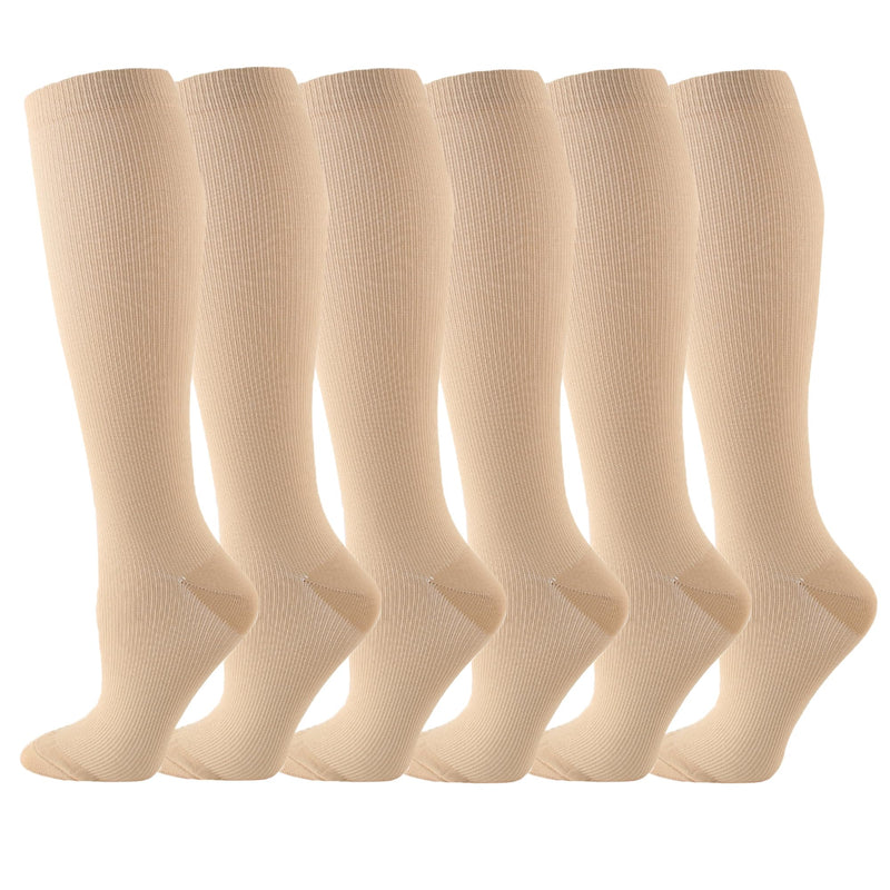 6 Pairs Compression Socks for Women and Men Circulation, 20-30 mmhg Knee High Best Support for Athletic Running, Cycling, Hiking, Medical, Nurse, Recovery Khaki Large-X-Large