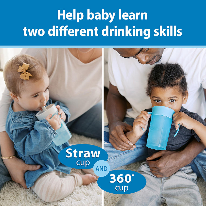 [Australia] - Dr. Brown's Milestones Straw to 360¬∞ Cup Set, Convertible Toddler Training Cup Set with Interchangeable Silicone Straw and 360 Degree Cup Lids, Blue Ocean, 10 oz/300 mL, BPA Free, 9m+, 2 Pack 
