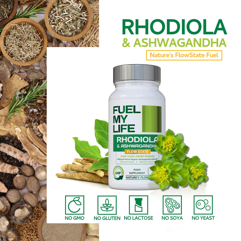 FlowState - Rhodiola & Ashwagandha with L-Theanine - Award Winning Ashwagandha KSM-66 600mg & 1500mg Rhodiola - Whole Root Equivalent- adaptogen Combo- No Artificial fillers- UK Made