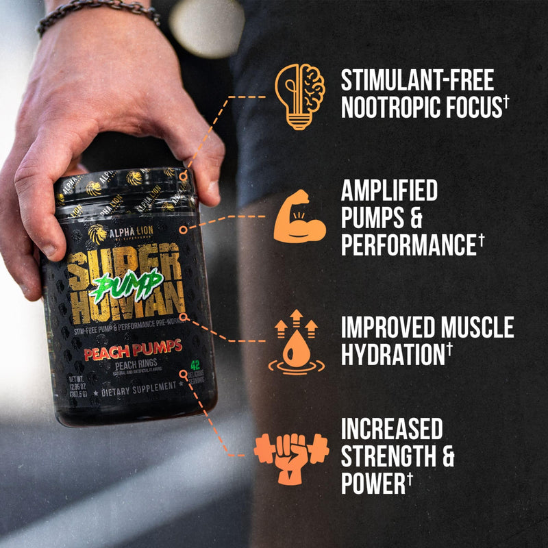 [Australia] - ALPHA LION Superhuman Pump Pre Workout Powder, Nootropic Caffeine & Stim Free Preworkout Supplement, Nitric Oxide Booster, Muscle Gainer, Energy & Focus (42 Servings, Peach Pumps Flavor) Peach Pumps - Peach Rings 