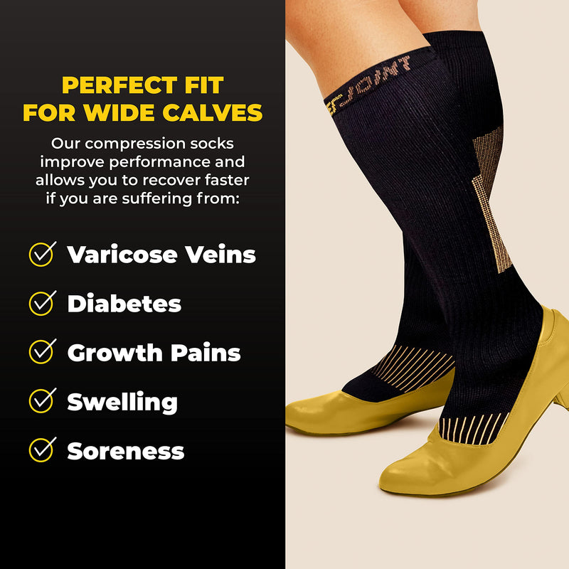 Wide Calf Copper Compression Socks for Women & Men - Diabetic Sock, Improves Circulation, Reduces Swelling & Pain - For Nurses, Running, & Everyday Use - Copper Infused Nylon By CopperJoint (2X-Large) XX-Large Black