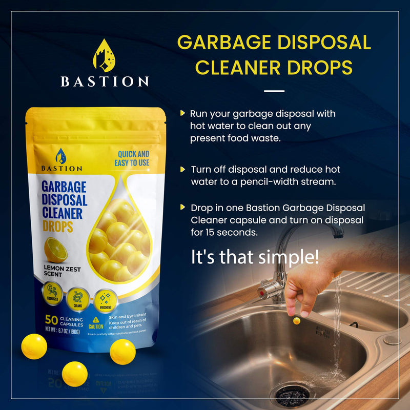[Australia] - Garbage Disposal Cleaner and Deodorizer Drops- [[50-Count]] Lemon Zest Scented Kitchen Sink Freshener Pods & Drain Odor Eliminator Disposer Care Balls by Bastion 