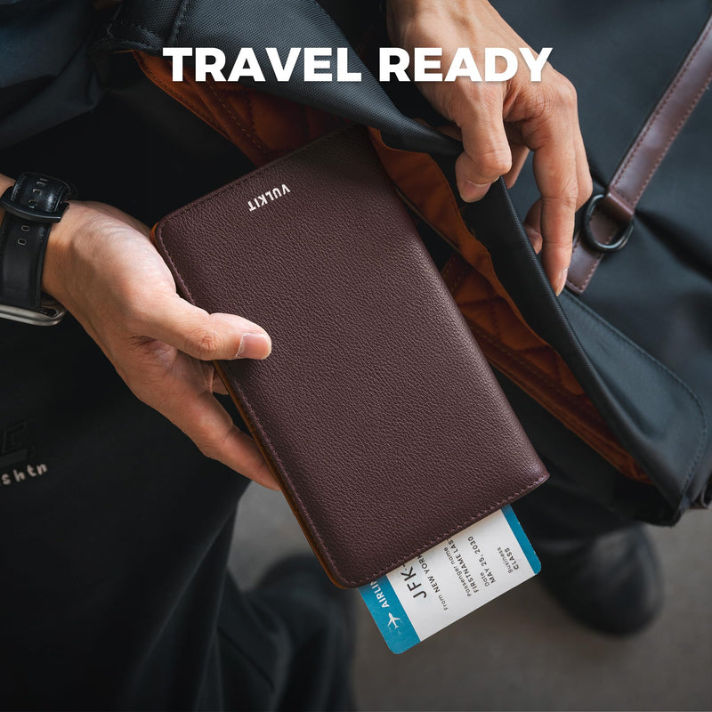 VULKIT Passport Wallet for Travel RFID Blocking Premium Leather | Long Size Travel Wallet for Passport, Cash, Cards, Boarding Pass Top Grain Wine
