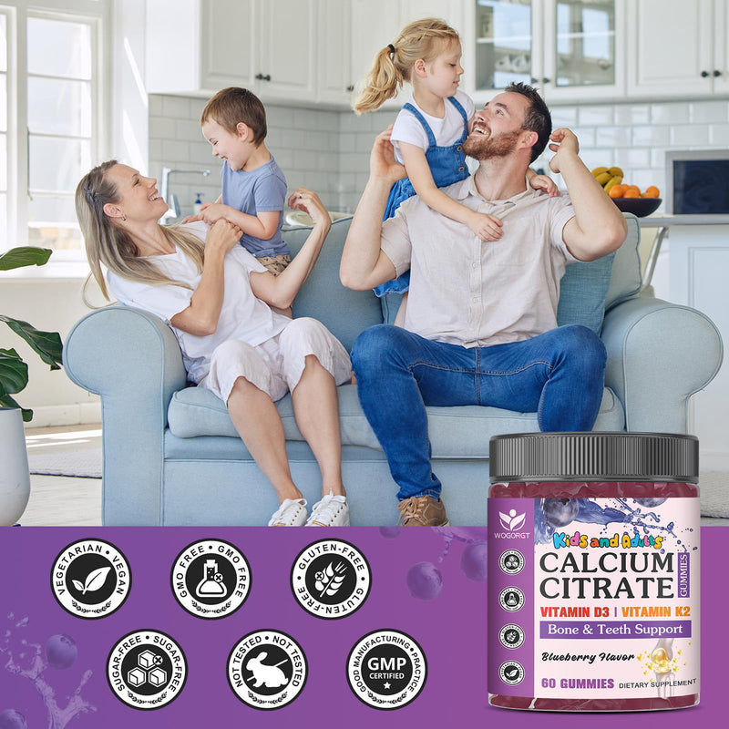 Calcium Citrate Gummies with Vitamin D3 for Kids & Adults, Sugar Free, 60Ct | WOGORGT - Kids Calcium Citrate 600mg Gummies Supplement with Vitamin D3, K2, Bone & Immune Support, Vegan, Blueberry Flavor 60 Count (Pack of 1)