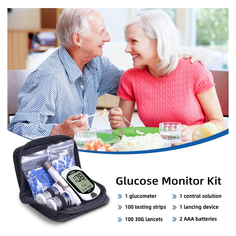 Metene TD-4116 Blood Glucose Monitor Kit, 100 Glucometer Strips, 100 Lancets, 1 Blood Sugar Monitor, Blood Sugar Test Kit with Control Solution, Lancing Device, No Coding, Large Display