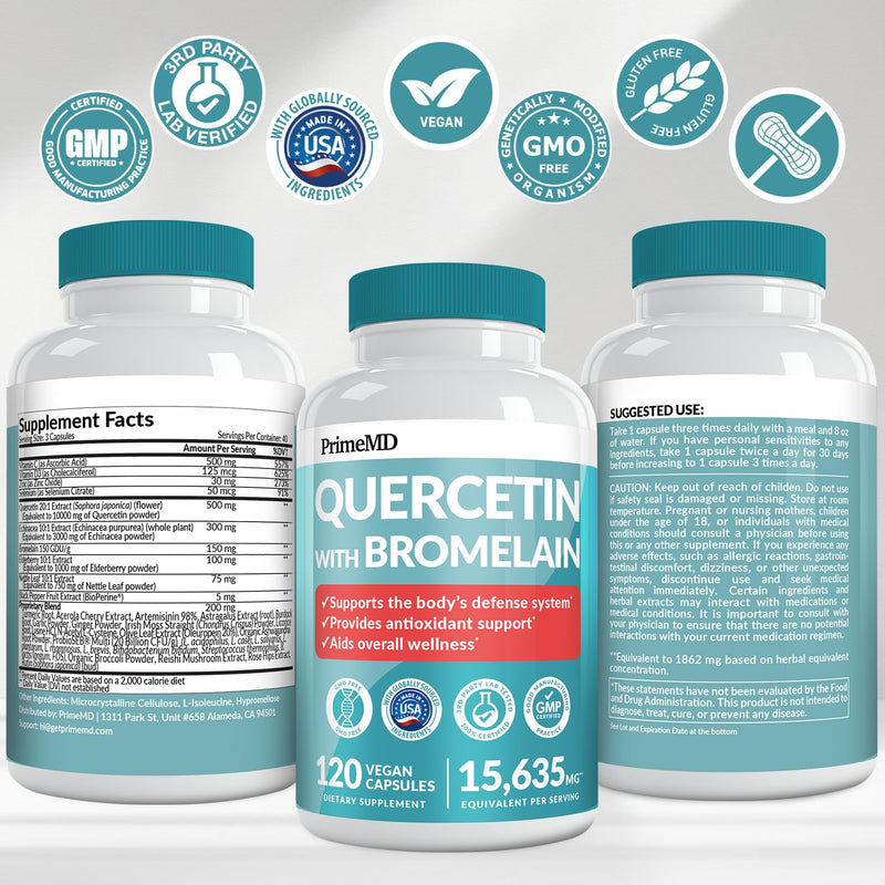 [Australia] - 28-in-1 Quercetin with Bromelain Supplement for Daily Immune Defense Support - Quercetin with Vitamin C and Zinc for Adults Enriched with Vitamin D and Elderberry (120ct) 120 Count (Pack of 1) 