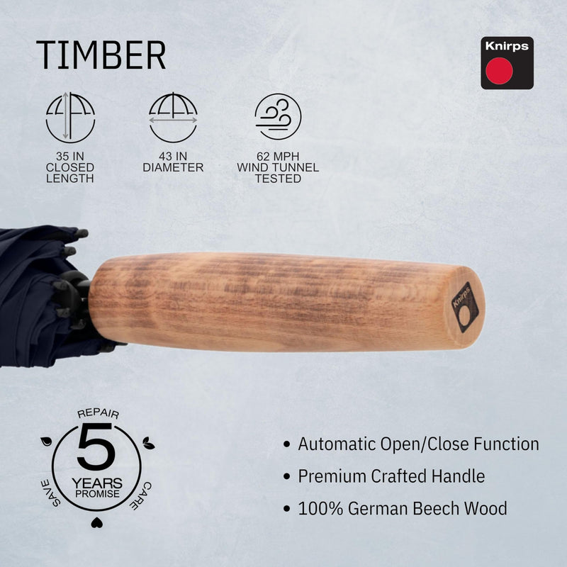 Knirps TIMBER Large Umbrella For Men & Women, Windproof Rain and Sun Protection On The Go Classic Walking Stick Style with Non Slip German Beechwood Handle, Full Coverage Water Resistant Canopy Navy