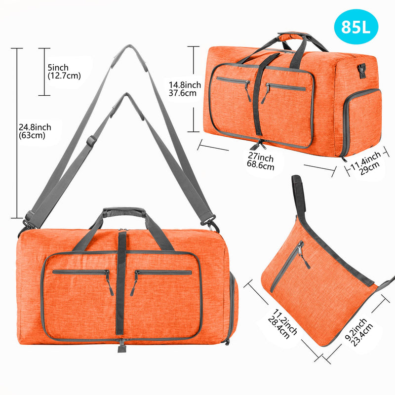 Vomgomfom 65L/85L/115L Foldable Travel Duffle Bag with Shoe Compartment | Tear-Resistant 600D Polyester, Only 1.06 lb, Folds Into Compact Pouch, 5 Zip Pockets, Trolley Sleeve, Gym & Weekend Ready L Orange 115L