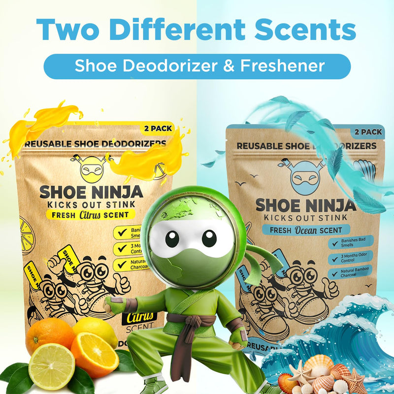 [Australia] - Shoe Ninja Shoe Deodorizer - Shoe Odor Elimination with Activated Charcoal, Versatile and Reusable Shoe Smell Remover, Boxing Glove Deodorizer, and Shoe Freshener, Great for Sports - 1 Pack Count of 2 Ocean 1 Count (Pack of 2) 