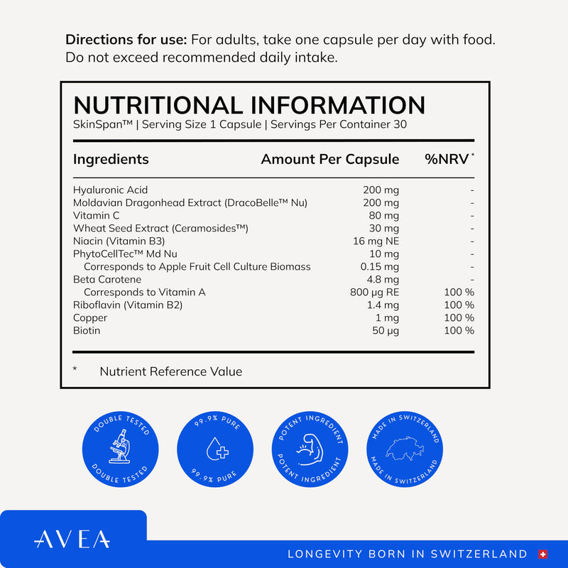 AVEA SkinSpan™ - Skin Health Supplement with PhytoCellTec™ Md Nu, Hyaluronic Acid, Ceramosides™ & Niacin - Promotes a Healthy Skin & Reduces Appearance Of Fine Lines & Wrinkles - With 100% Vegan Ingre