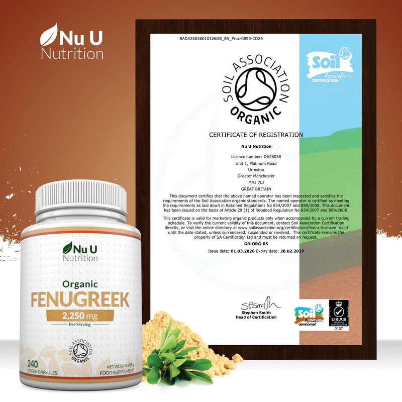 Organic Fenugreek Capsules 2250mg - 240 Vegan Capsules - 100% Pure Fenugreek Powder - Soil Association Certified - Fenu Greek Supplement for Women & Men - Made in the UK - Nu U Nutrition