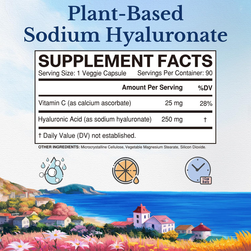 [Australia] - VITALITOWN Hyaluronic Acid 250 mg, plus 25 mg Vitamin C, Naturally Derived & High Bioavailability, Skin Hydration & Joint Lubrication, 90 Vegan Capsules, 3 Month Supply 