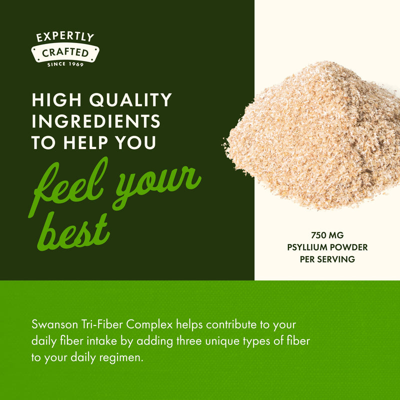 Swanson Tri-Fiber Complex Digestive Health, 100 Capsules | Digestive Health Supplement with Psyllium, Oat Bran and Apple Pectin for Adults Seeking Bowel Regularity Support 100 Count (Pack of 1)