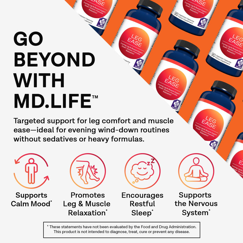 MD. Life LegEase Herbal Muscle and Leg Relaxation, 90 Capsules, Non-GMO | With Suan Zao Ren, Curcumin, L-Theanine and Vitamin D3 - Vegan, Doctor Designed, Made in USA, Gluten Free