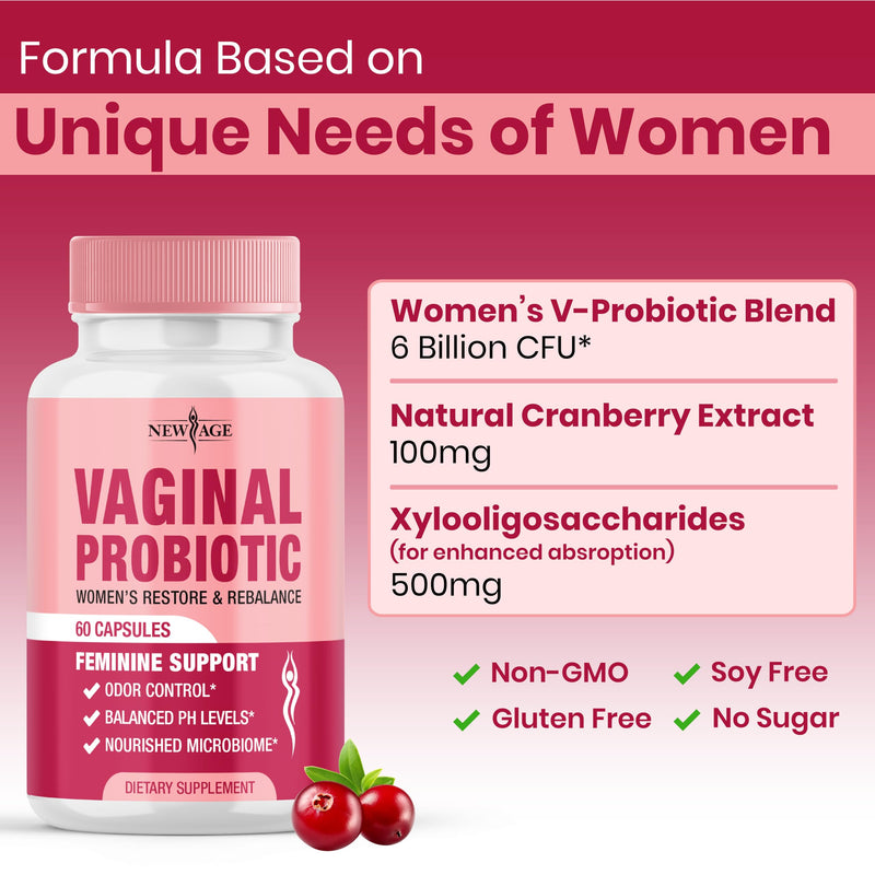 NEW AGE Vaginal Probiotics for Women with Prebiotics, Cranberry Extract, and a Lactobacillus Probiotic Blend, Supports Healthy pH Balance, Odor Control, Vaginal Flora - 180 Capsules 180 Capsules (Pack of 3)