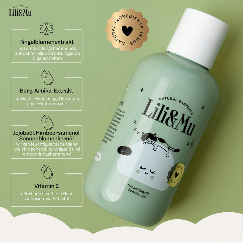[Australia] - Lili&Mu natural care oil, nourishing baby oil 150 ml - baby care massage oil with jojoba oil marigold extract vitamin E, oil for delicate baby skin, vegan body oil ideal for baby massage - body oil 