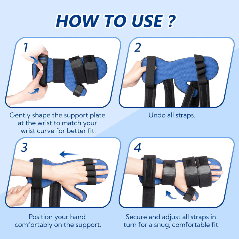 Resting Hand Splint with Finger Support for Stroke Recovery, Carpal Tunnel & Dupuytren's Contracture - Adjustable Wrist Brace for Left or Right Hand, M Blue & Black