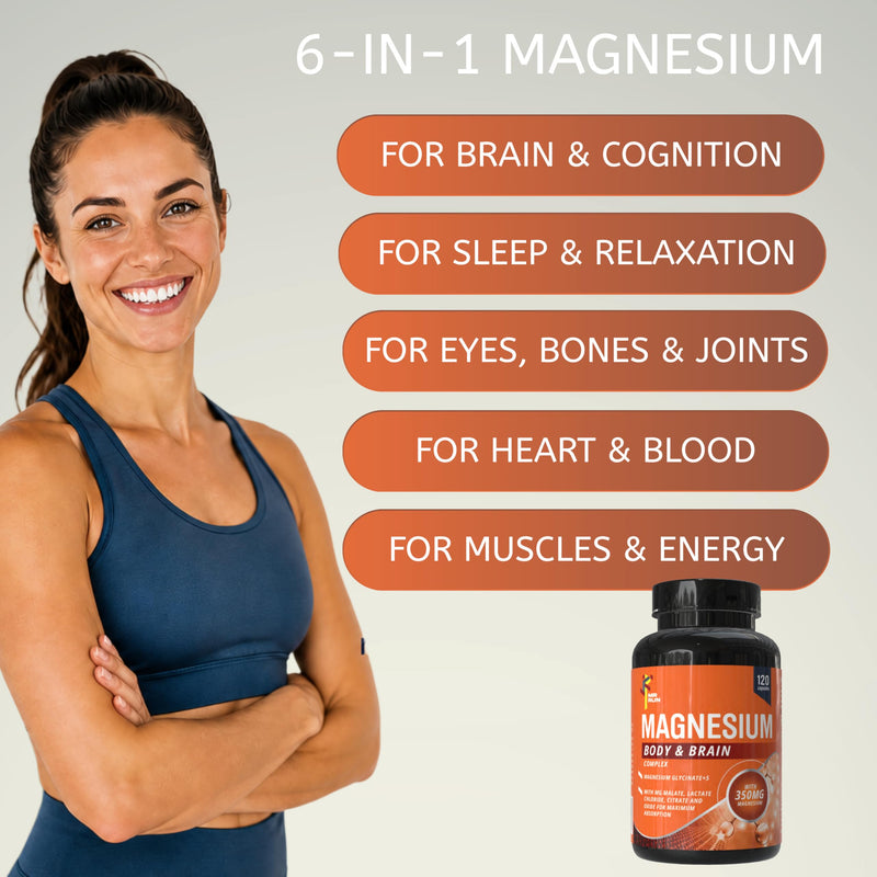 Magnesium Glycinate 6-in-1 Complex for Body & Brain | Magnesium Supplement Tablets with Citrate, Malate, Oxide, Chloride for Maximum Whole-Body Benefits | 120 Capsules, 2 Months' Supply