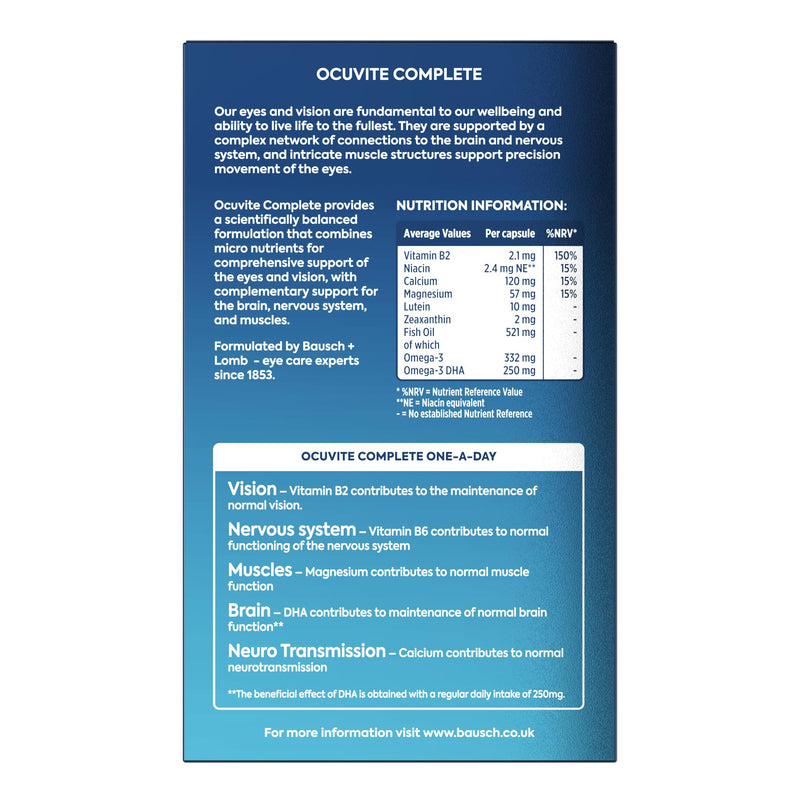 Ocuvite Complete Eye Supplement Capsules by Bausch + Lomb – Lutein and Zeaxanthin Supplement with Omega 3 DHA, Vitamin B2 and Niacin, Supports Normal Vision, Eye Health Supplements 1 Capsule Per Day
