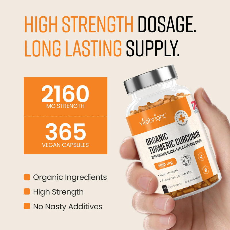 Turmeric and Black Pepper Capsules | 2160mg Dose | 365 Tablets | 4 Month Supply | 3 A Day | Herbal Supplements | High Strength Curcumin | VitaBright Organic Tumeric Supplement