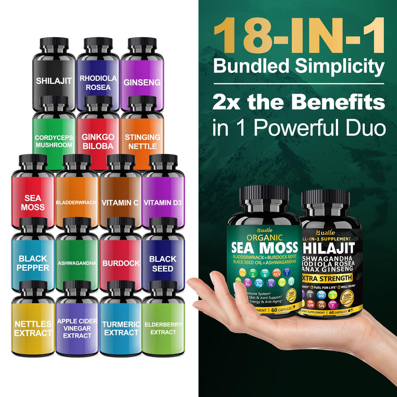 [Australia] - Sea Moss and Shilajit Bundle-Sea Moss 300mg,Black Seed Oil 100mg,Ashwagandha 50mg,Ginger & Shilajit 300mg,Rhodiola Rosea 100mg,Panax Ginseng 50mg,All in 1 Supplements-USA Made(2 Pack) 60 Count (Pack of 2) Sea Moss Shilajit 