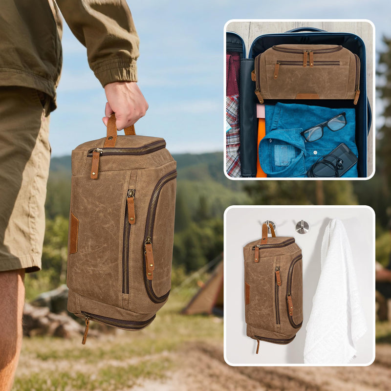 Yarwo Hanging Toiletry Travel Bag for Men, Waxed Canvas Dopp Kit Shave Bag | Detachable Zipper Pouch, Multiple Pockets, Water-resistant Hygiene Travel Bag, for Razor and Essentials, Xmas Gift for Man