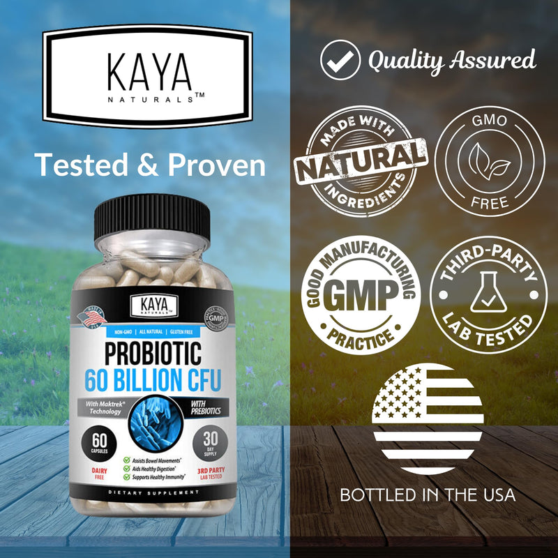 Kaya Naturals Probiotic 60 Billion CFU - Probiotics for Women, Probiotics for Men and Adults, Natural - Gut Health & Immune Support Supplement - Provides Digestive Support - 60 Vegetable Capsules 60 Count (Pack of 1)