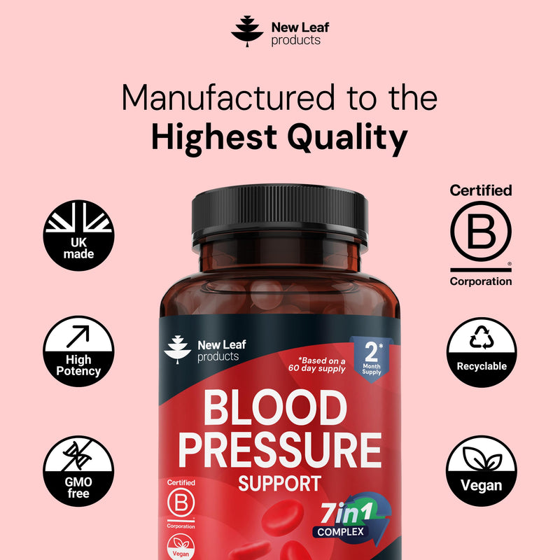 Blood Pressure 7-in-1 Supplement - 120 Vegan Capsules, 2 Months Supply - Heart Health Potassium and Magnesium Supplement with COQ10 and Garlic Extract - Made in the UK by New Leaf