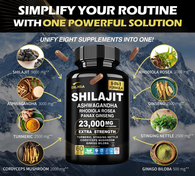 [Australia] - 8-In-1 Shilajit Pure Himalayan Organic Supplement 9000MG with Rhodiola Rosea 1000MG, Ashwagandha 2000MG, Ginseng, Gingko Biloba, Turmeric, Cordyceps Mushroom, Stinging Nettle for Full Body Power 