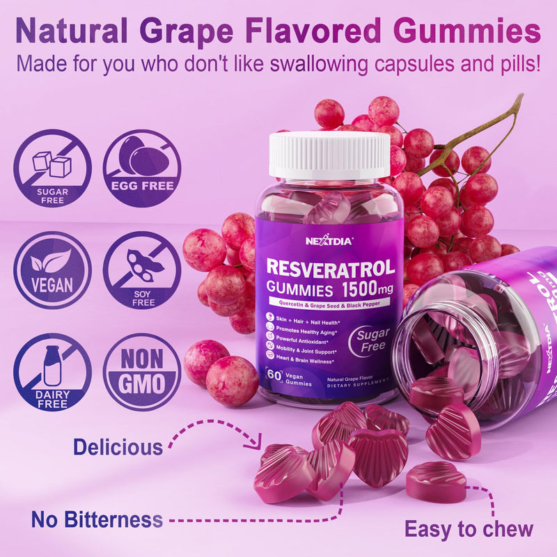 [Australia] - Resveratrol Gummies 1500mg - Sugar Free Resveratrol Supplement with Quercetin, Grape Seed, Acai Berries Extracts Support Antioxidant, Healthy Aging & longevity, Skin, Joint, Brain Wellness - Vegan 60 Count (Pack of 2) 