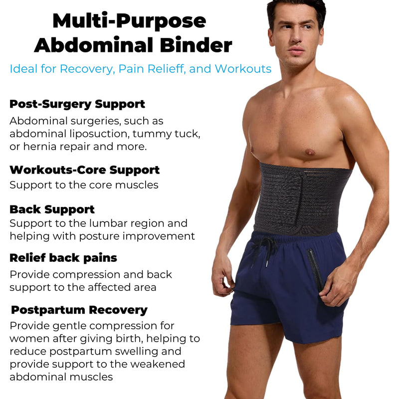 Reian Men's Abdominal Binder for Post Surgery,Compression Wrap Abdomen Waist Support Belt for Hernia Surgery, Abdominal Injuries (Black, X-Large) Black
