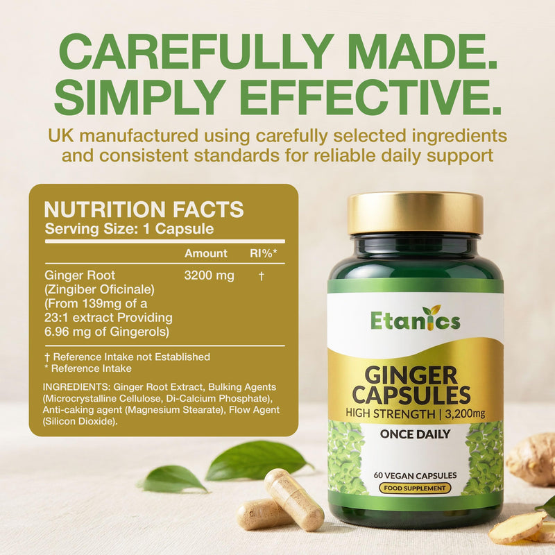 Ginger Capsules 3200mg High Strength | Ginger Root Extract Supplement for Nausea Relief, Digestive Health, Joint Support & Immune Wellness | Vegan & Vegetarian Friendly | Made in the UK 60 count (Pack of 1)
